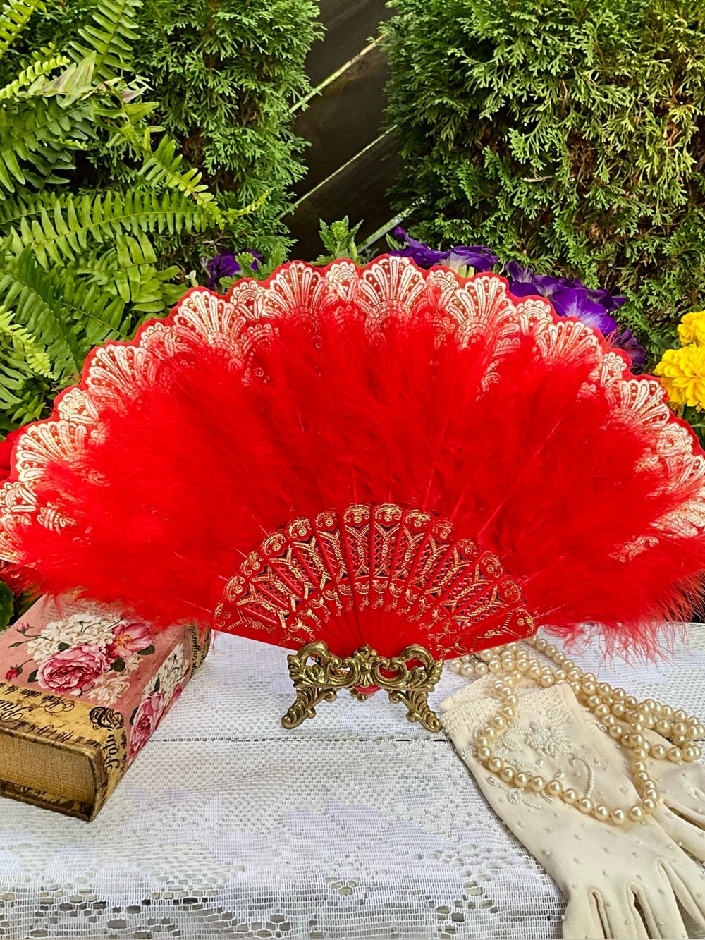 Red Feather Hand Fan with Gold Detailing
